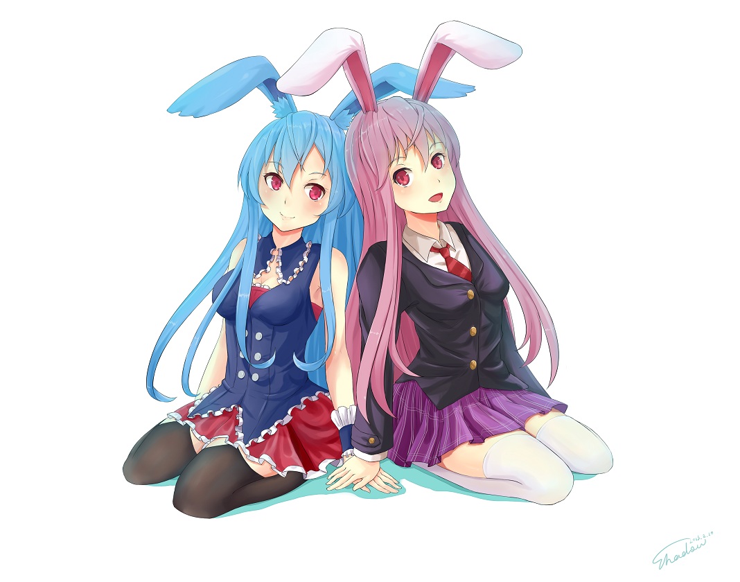 2girls, aliasing, animal_ears, blue_hair, bunny_ears, bunnygirl, crossover, jpeg_artifacts, kurousagi_(mondaiji-tachi_ga_isekai_kara_kuru_sou_desu_yo?), long_hair, mondaiji_tachi_ga_isekai_kara_kuru_sou_desu_yo?, pink_hair, red_eyes, reisen_udongein_inaba, shadow, signed, skirt, thighhighs, tie, touhou, white, wristwear