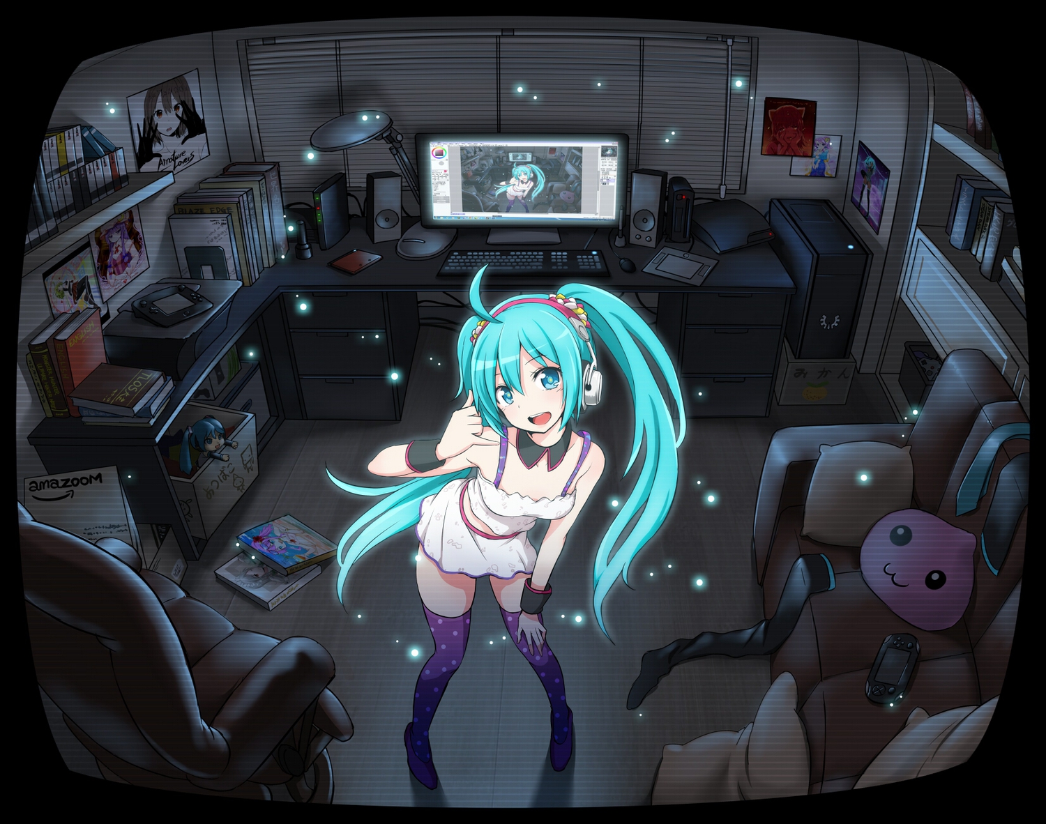 annie_hastur, aqua_eyes, aqua_hair, computer, doll, game_console, hatsune_miku, headphones, izayoi_sakuya, mikudayoo, patchouli_knowledge, poring, redial_(vocaloid), thighhighs, touhou, twintails, vocaloid, zaxwu