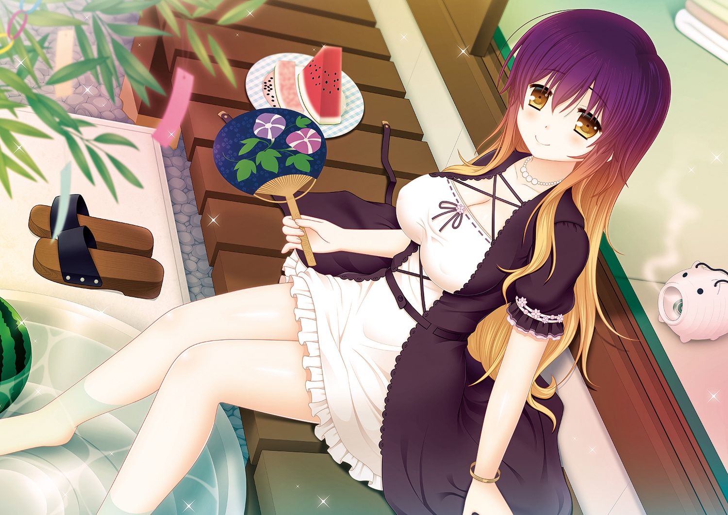 breasts, cleavage, cpu, fan, food, fruit, hijiri_byakuren, necklace, touhou, watermelon