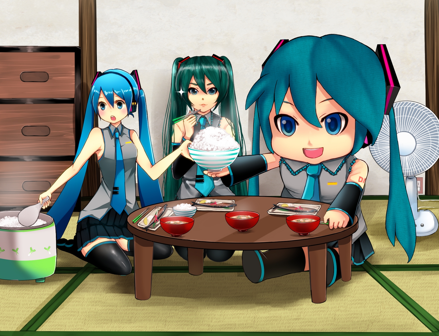 aqua_hair, asanome_(noboes), blue_eyes, blue_hair, fan, food, hatsune_miku, mikudayoo