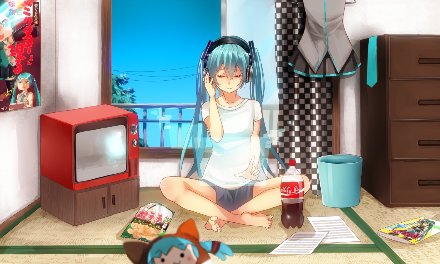 asanome_(noboes), barefoot, blue_hair, coca_cola, drink, food, hatsune_miku, headphones, mikudayoo, vocaloid