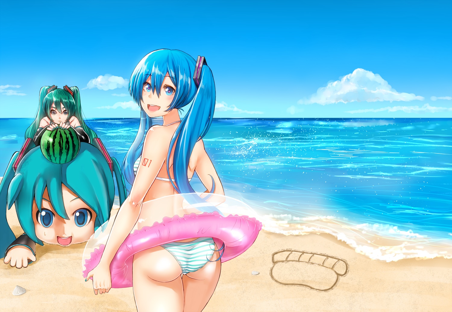 asanome_(noboes), beach, bikini, black_eyes, blue_eyes, blue_hair, food, fruit, green_hair, hatsune_miku, long_hair, mikudayoo, swim_ring, swimsuit, twintails, vocaloid, water, watermelon