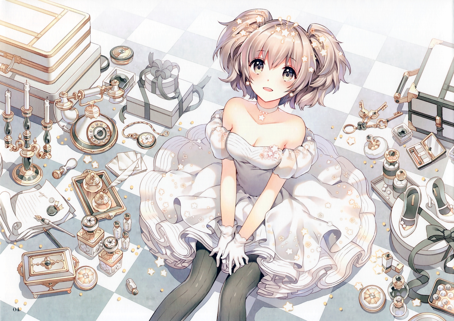 blush, bow, breasts, choker, cleavage, dress, gloves, gray_eyes