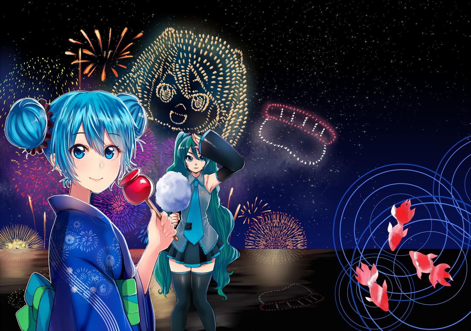 animal, apple, aqua_eyes, aqua_hair, asanome_(noboes), candy, fireworks, fish