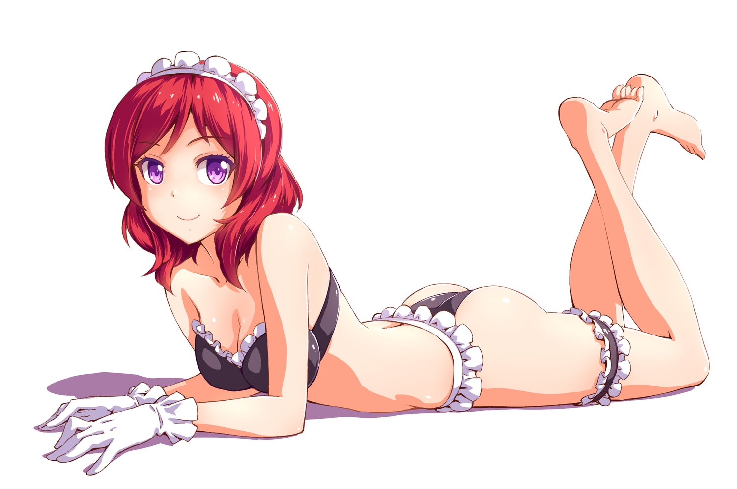 ass, barefoot, bra, breasts, cleavage, fish.boy, garter, gloves, headdress, love_live!_school_idol_project, nishikino_maki, panties, purple_eyes, red_hair, underwear, white