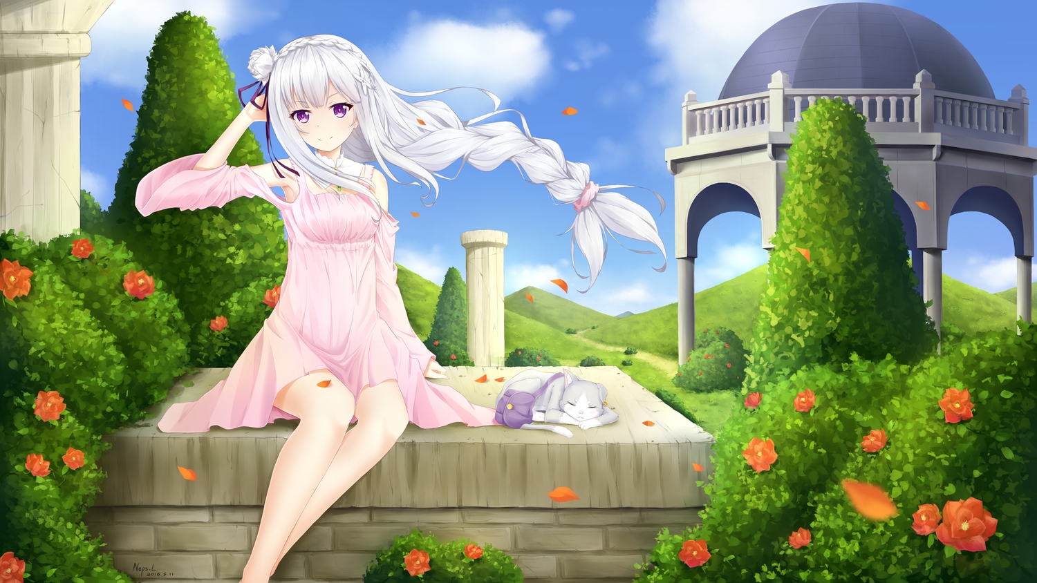 animal, braids, cat, clouds, collar, dress, emilia_(re:zero), flowers