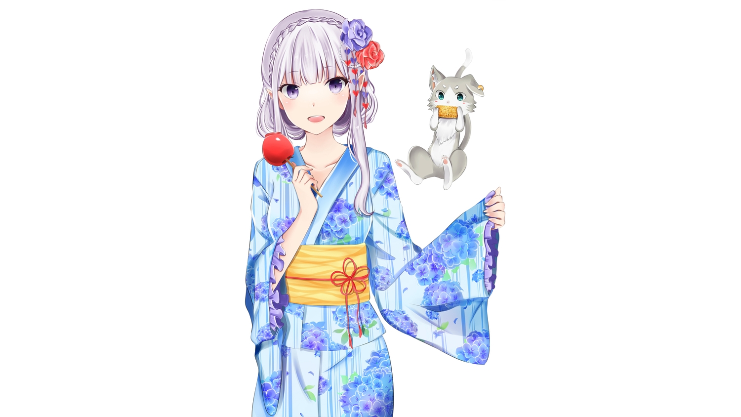 animal, apple, candy, cat, chu_(huaha1320), emilia_(re:zero), food, fruit