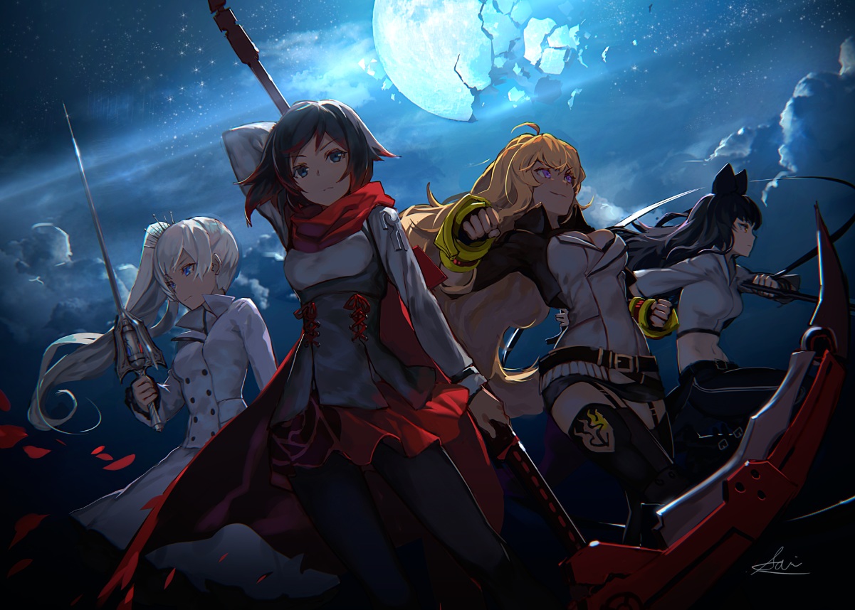 black_hair, blake_belladonna, blonde_hair, blue_eyes, breasts, brown_hair, cleavage, group, izumi_sai, long_hair, night, pantyhose, petals, purple_eyes, ruby_rose, rwby, scarf, scythe, sword, weapon, weiss_schnee, white_hair, yang_xiao_long