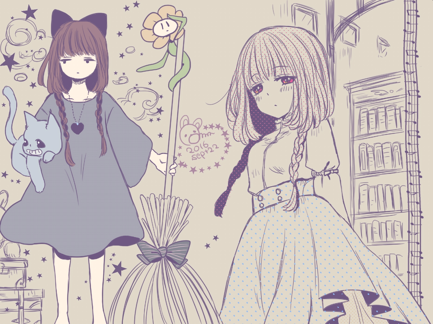amnmiu, animal, cat, flowey_(undertale), frisk_(undertale), majo_no_takkyuubin, polychromatic, sans, sketch, undertale, waifu2x, witch