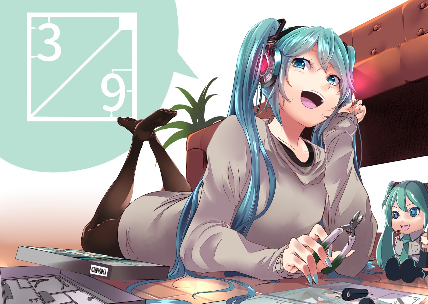aqua_eyes, aqua_hair, endouvocalotyu, hatsune_miku, headphones, long_hair, microphone, mikudayoo