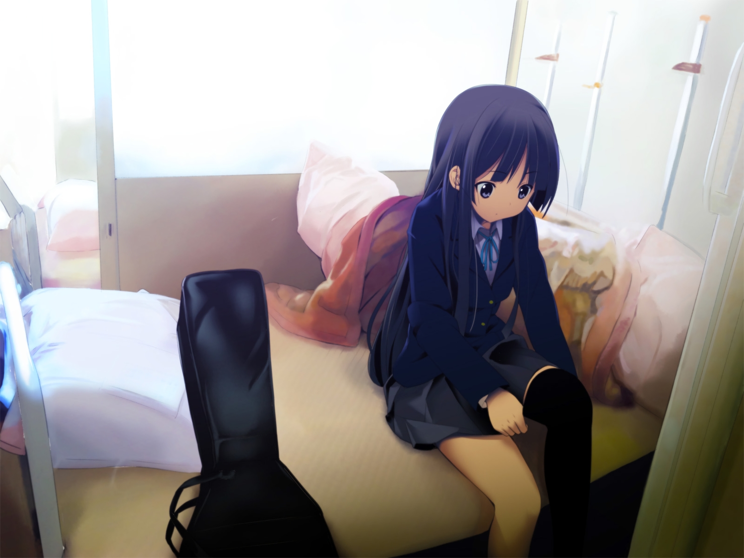 akiyama_mio, bed, black_hair, iwamoto_maguro, k-on!, long_hair, school_uniform, skirt, thighhighs