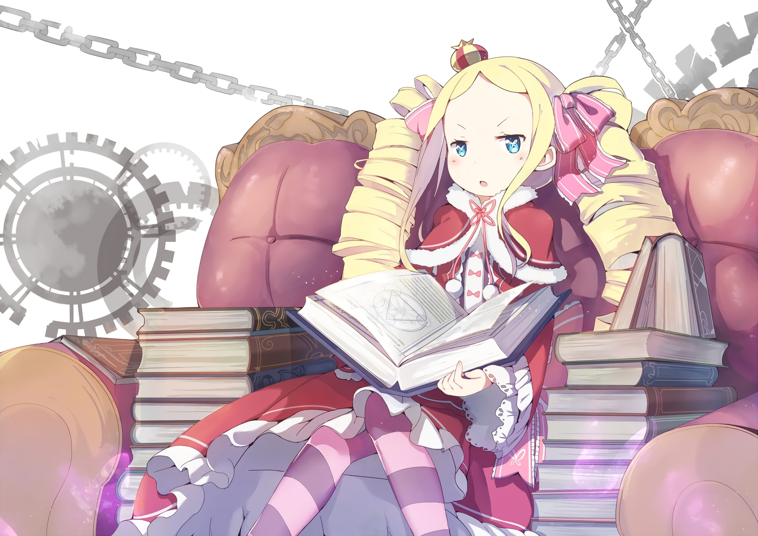 aqua_eyes, beatrice_(re:zero), blonde_hair, book, bow, cape, chain, couch