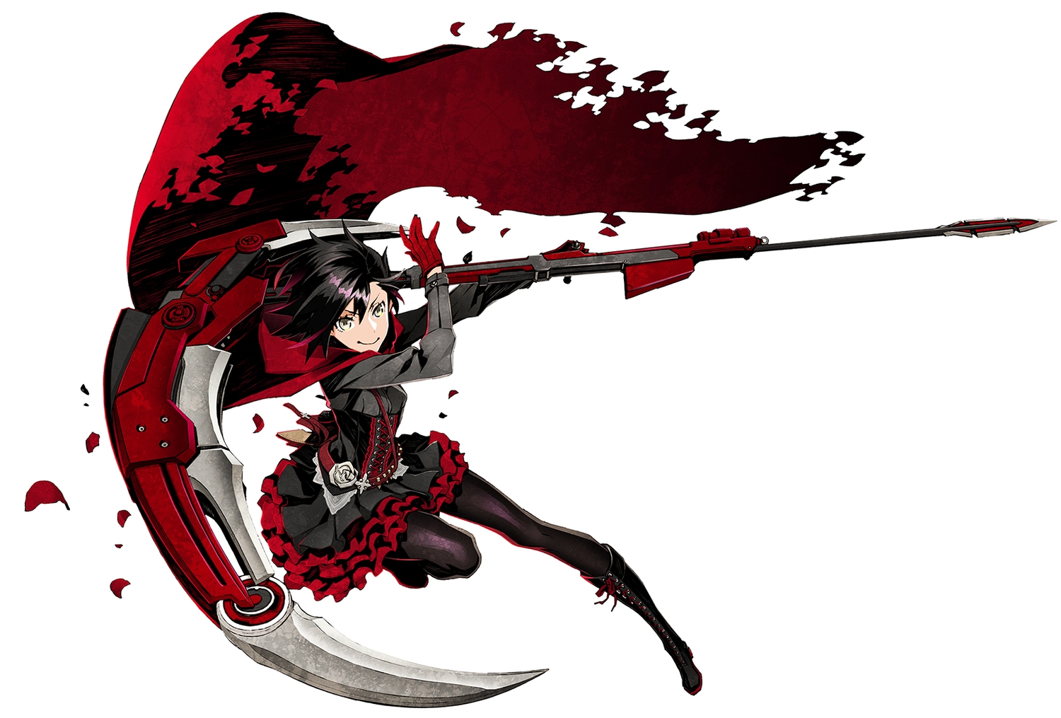 black_hair, boots, cape, gloves, miwa_shirow, pantyhose, petals, ruby_rose