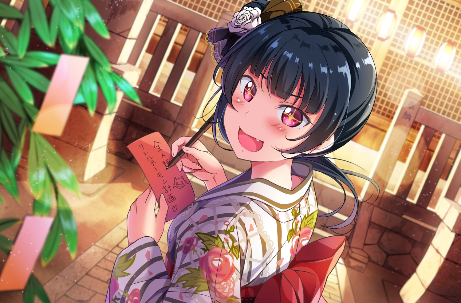black_hair, blush, bow, fang, flowers, japanese_clothes, love_live!_school_idol_project, love_live!_sunshine!!