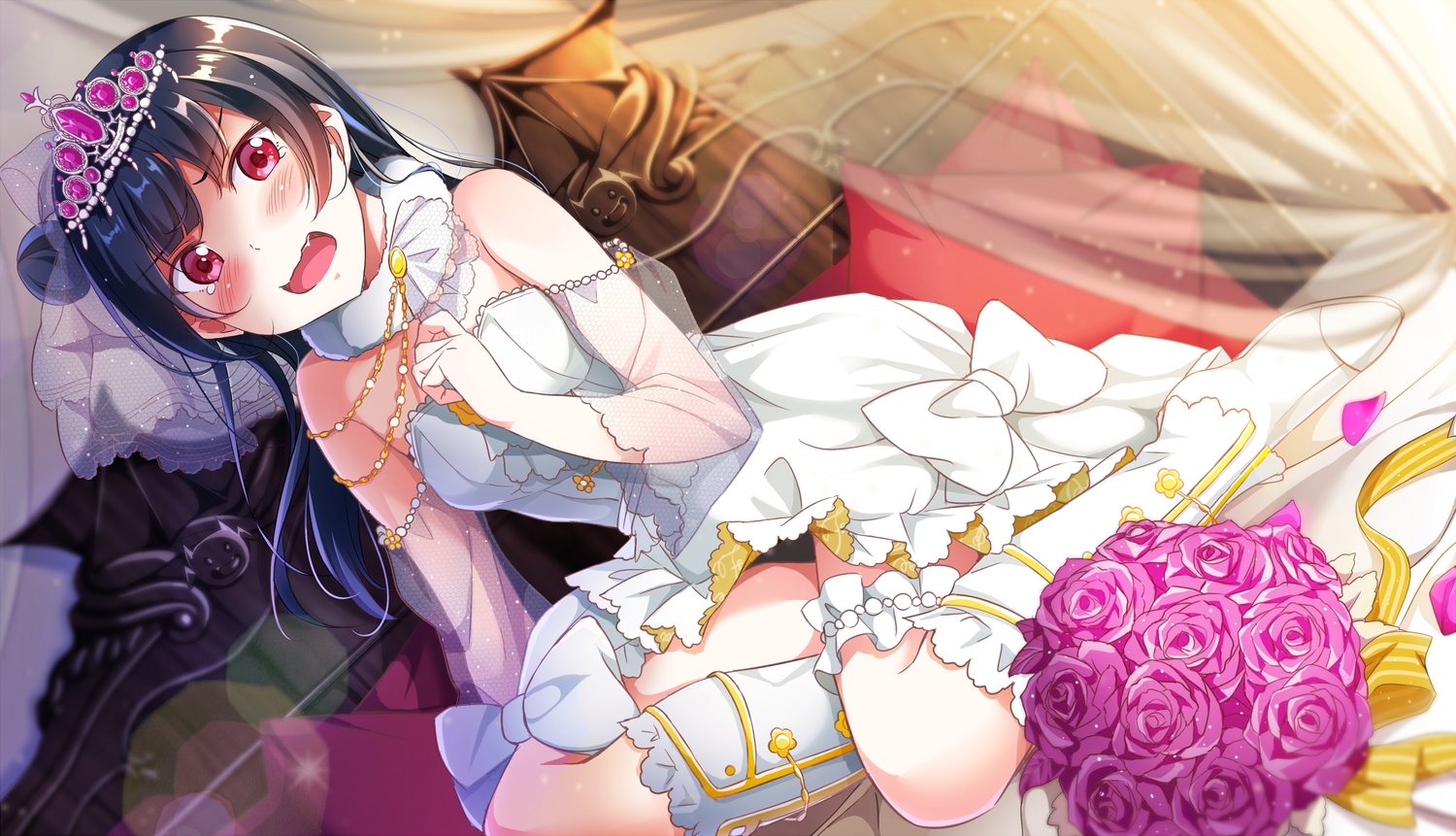blue_hair, blush, boots, bow, dress, flowers, garter, long_hair