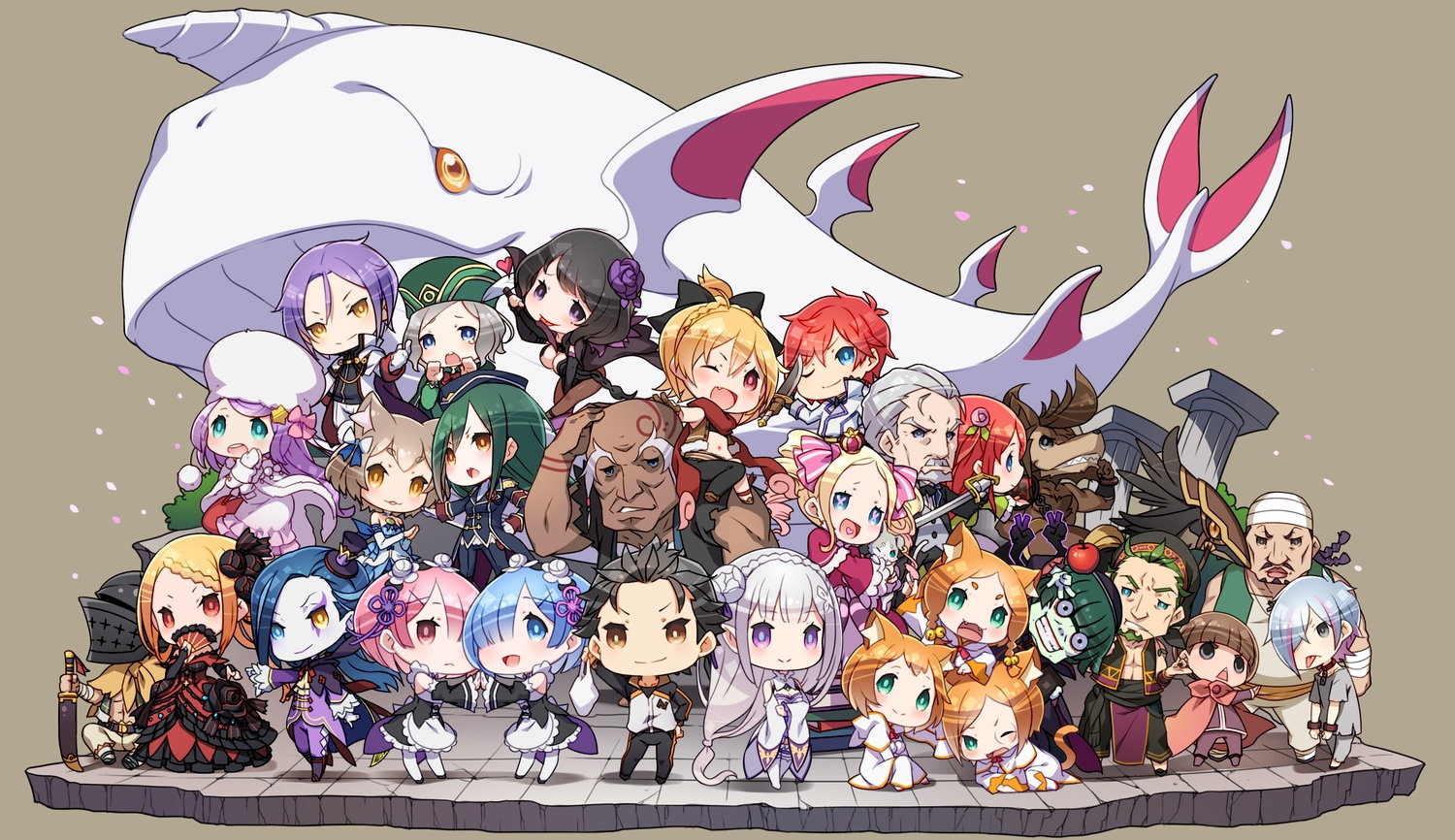 aldebaran_(re:zero), anastasia_hoshin, beatrice_(re:zero), betelgeuse_romanee-conti, chibi, chin_(re:zero), crusch_karsten, elsa_granhilte, emilia_(re:zero), felix_argyle, felt_(re:zero), group, heitarou_pearlbaton, julius_juukulius, kadomon_risch, kan_(re:zero), lasa_(lasa1116), male, mimi_pearlbaton, natsuki_subaru, otoko_no_ko, otto_suewen, priscilla_barielle, puck, ram_(re:zero), reinhard_van_astrea, rem_(re:zero), re:zero_kara_hajimeru_isekai_seikatsu, ricardo_welkin, rom_(re:zero), roswaal_l._mathers, thearesia_van_astrea, tivey_pearlbaton, ton_(re:zero), twins, wilhelm_van_astrea