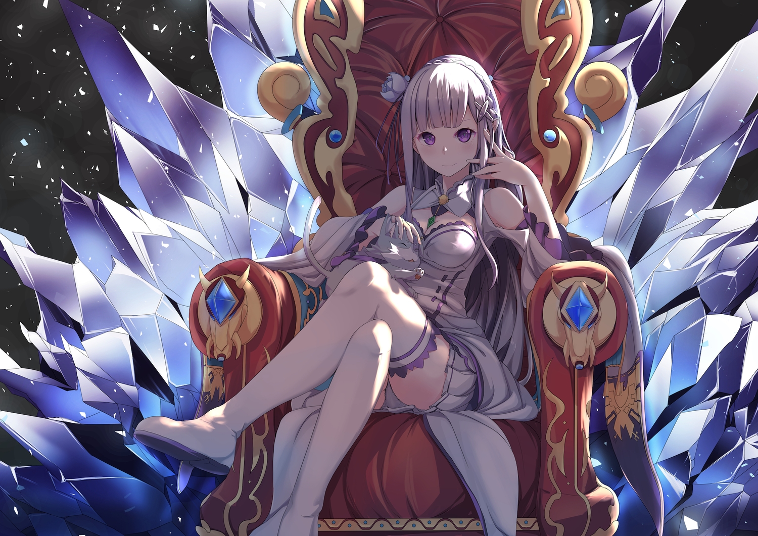 animal, blush, breasts, cat, cleavage, cosmicsnic, emilia_(re:zero), long_hair