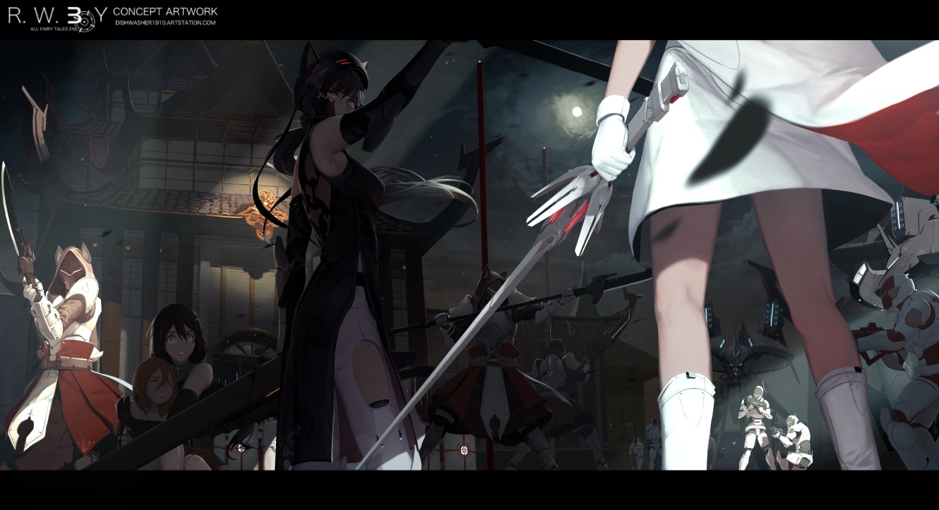 animal_ears, armor, blake_belladonna, boots, building, cape, chinese_clothes, chinese_dress