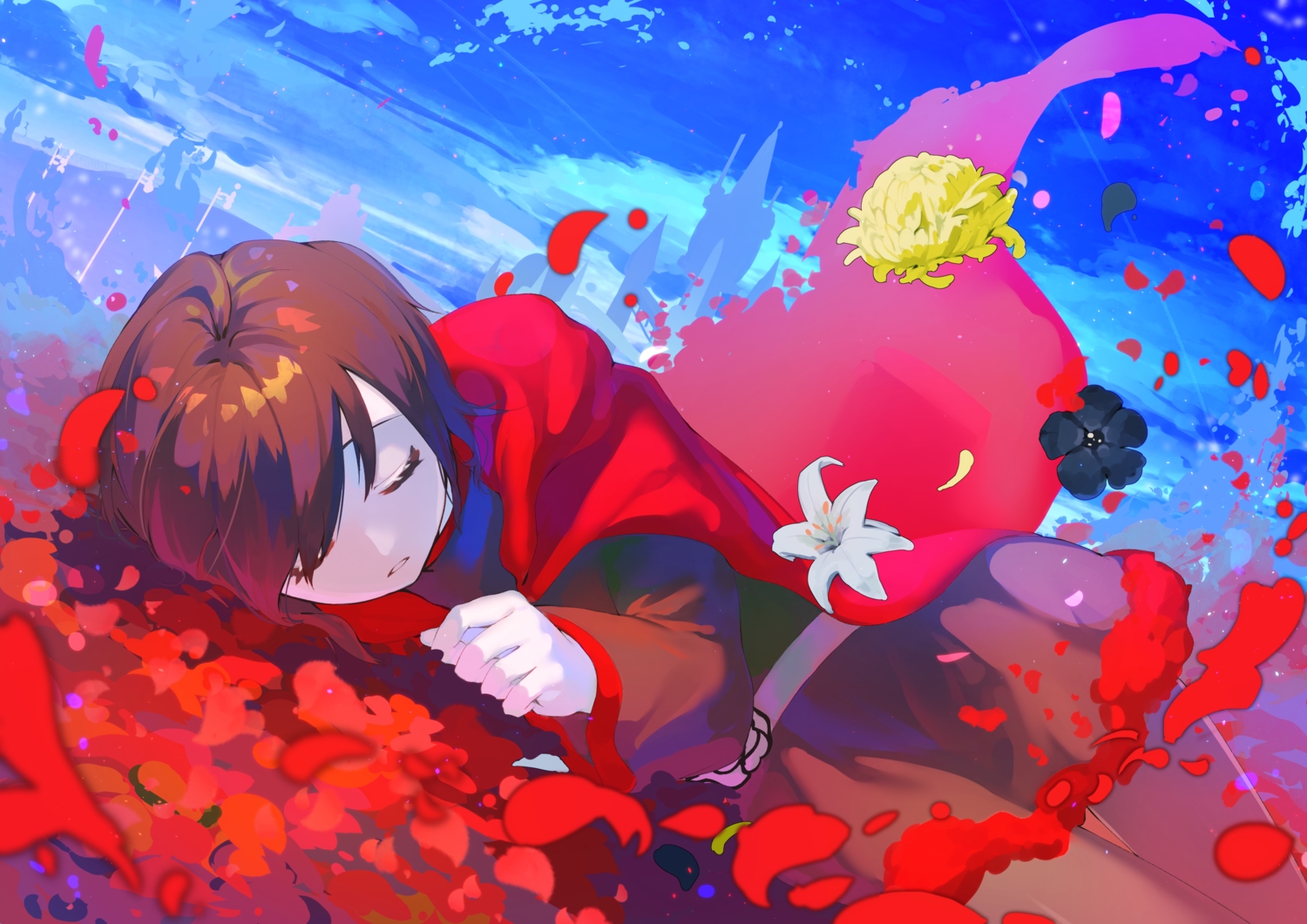 brown_hair, cape, clouds, dress, flowers, hikari50503, hood, pantyhose