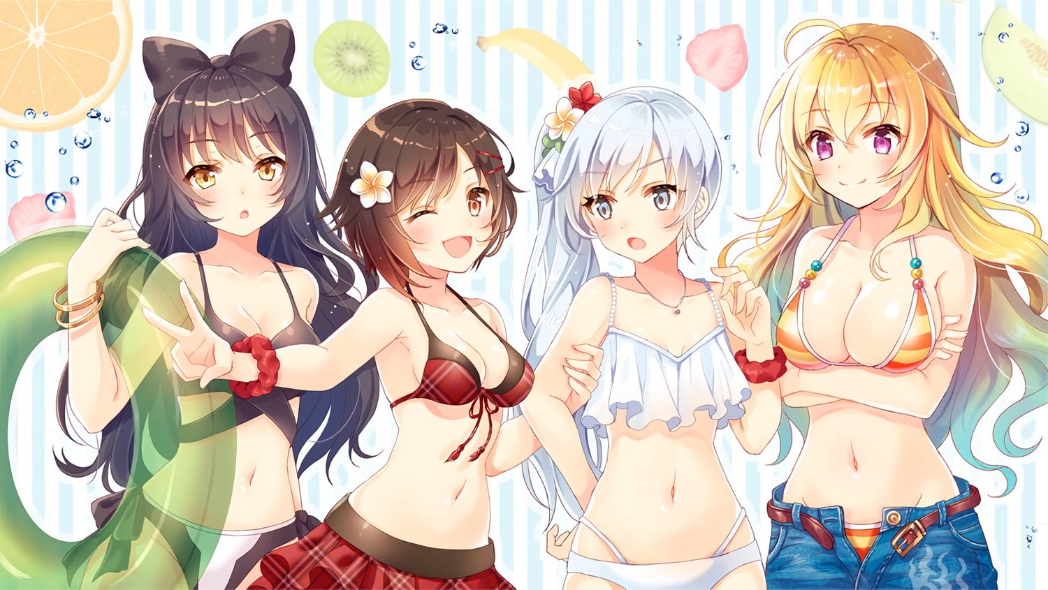 aqua_eyes, bikini, black_hair, blake_belladonna, blonde_hair, bow, breast_hold, breasts, brown_eyes, brown_hair, cleavage, food, fruit, group, long_hair, navel, necklace, ponytail, purple_eyes, ruby_rose, rwby, serino_itsuki, short_hair, strawberry, swim_ring, swimsuit, waifu2x, water, weiss_schnee, white_hair, wink, wristwear, yang_xiao_long, yellow_eyes