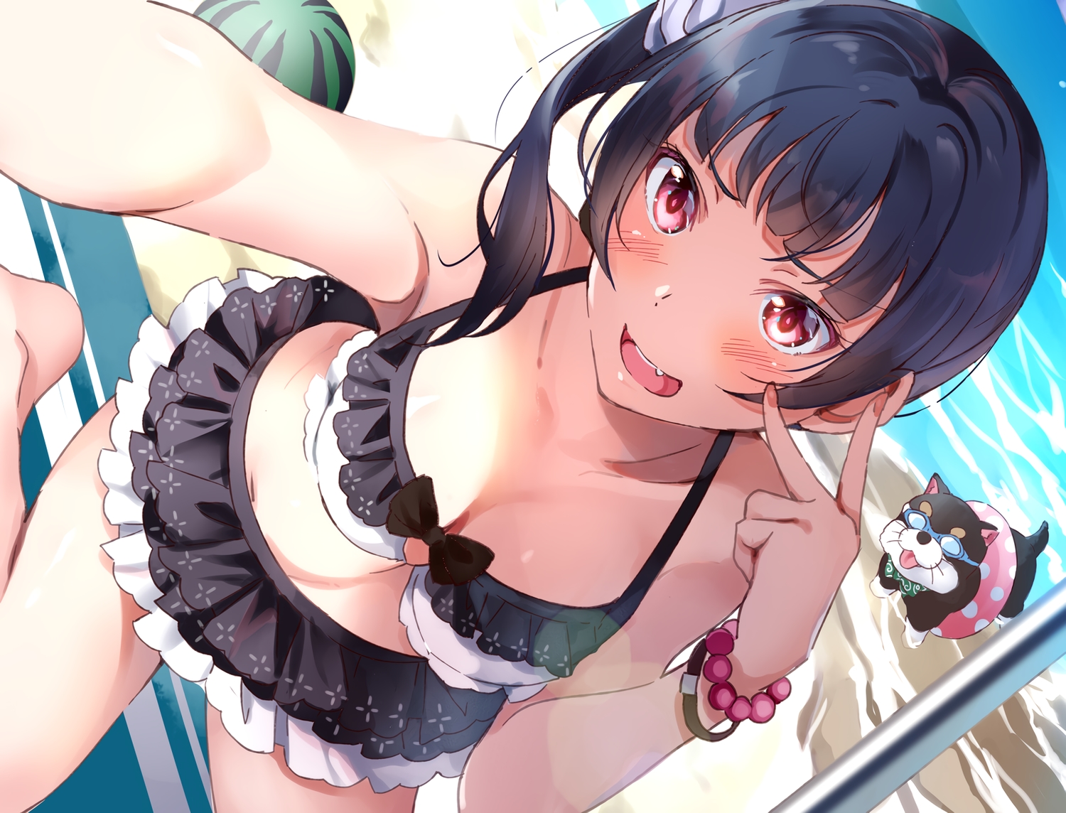 animal, beach, bikini, blue_hair, blush, close, dog, fang, food, fruit, love_live!_school_idol_project, love_live!_sunshine!!, ponytail, red_eyes, sunglasses, swim_ring, swimsuit, tipii, tsushima_yoshiko, water, watermelon, wristwear