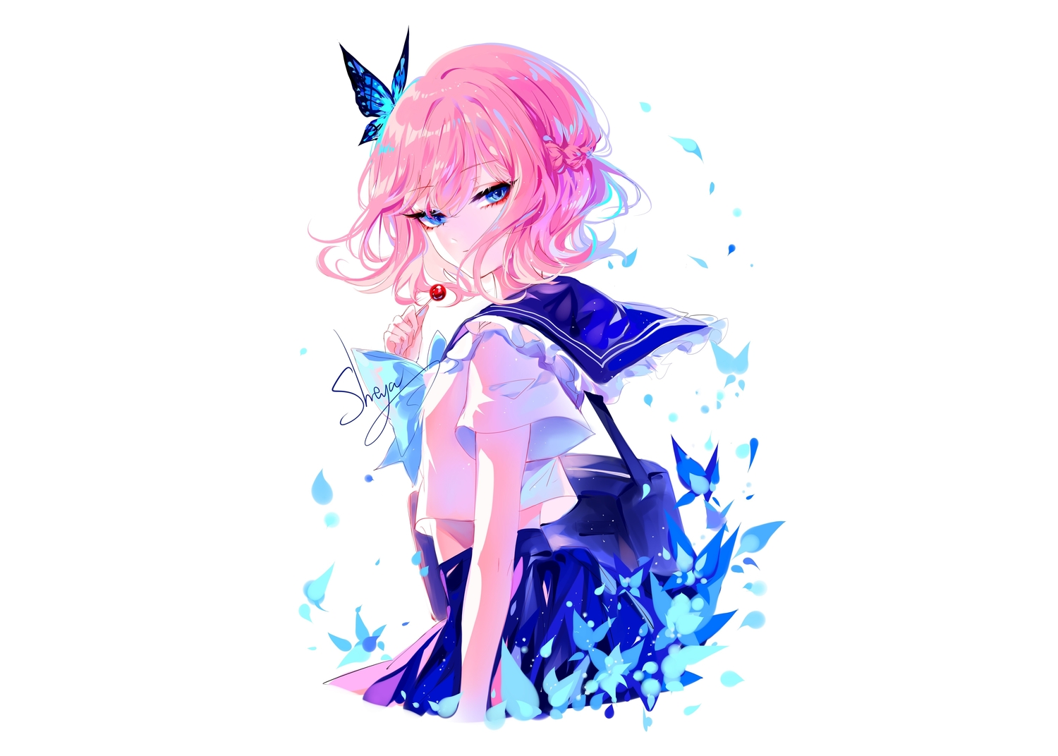 blue_eyes, butterfly, candy, lollipop, original, pink_hair, school_uniform, sheya