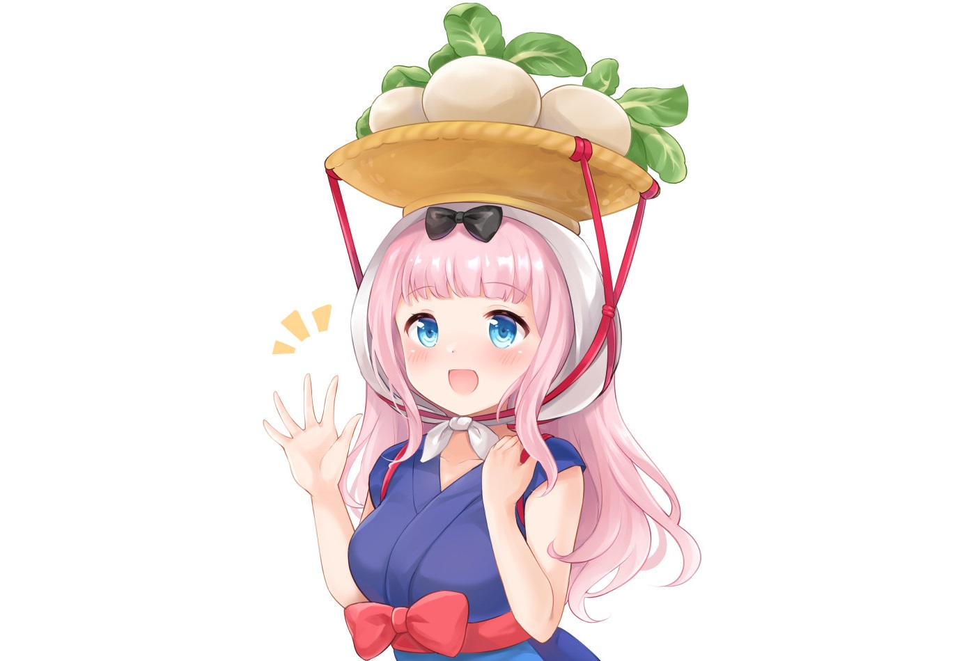 aqua_eyes, blush, bow, cosplay, doubutsu_no_mori, food, fujiwara_chika, headdress, japanese_clothes, kaguya-sama_wa_kokurasetai_~tensai-tachi_no_renai_zunousen~, long_hair, nikoo, pink_hair, white