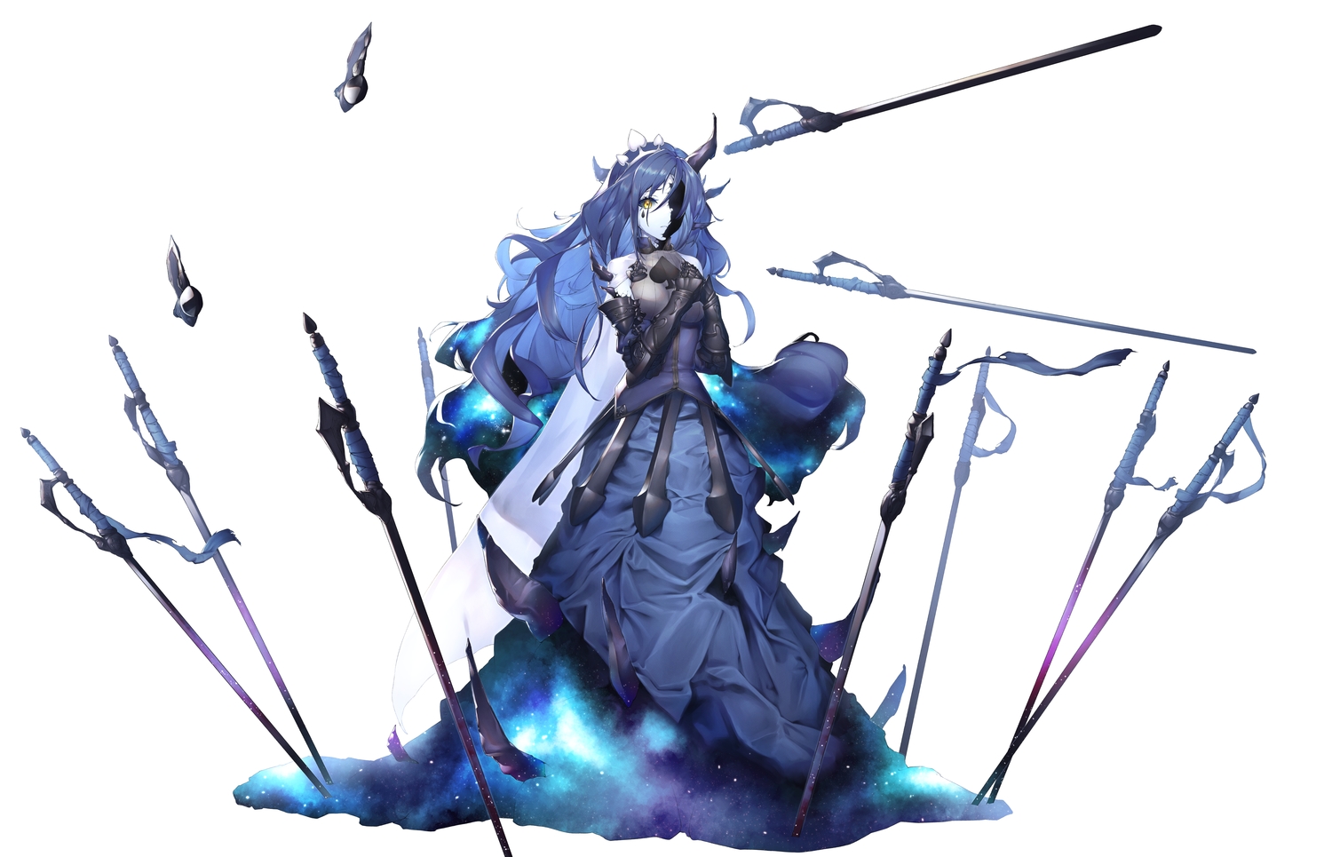 armor, blue_hair, dabuki, dress, headband, horns, knight_of_despair, lobotomy_corporation, long_hair, project_moon, sword, weapon, white, yellow_eyes