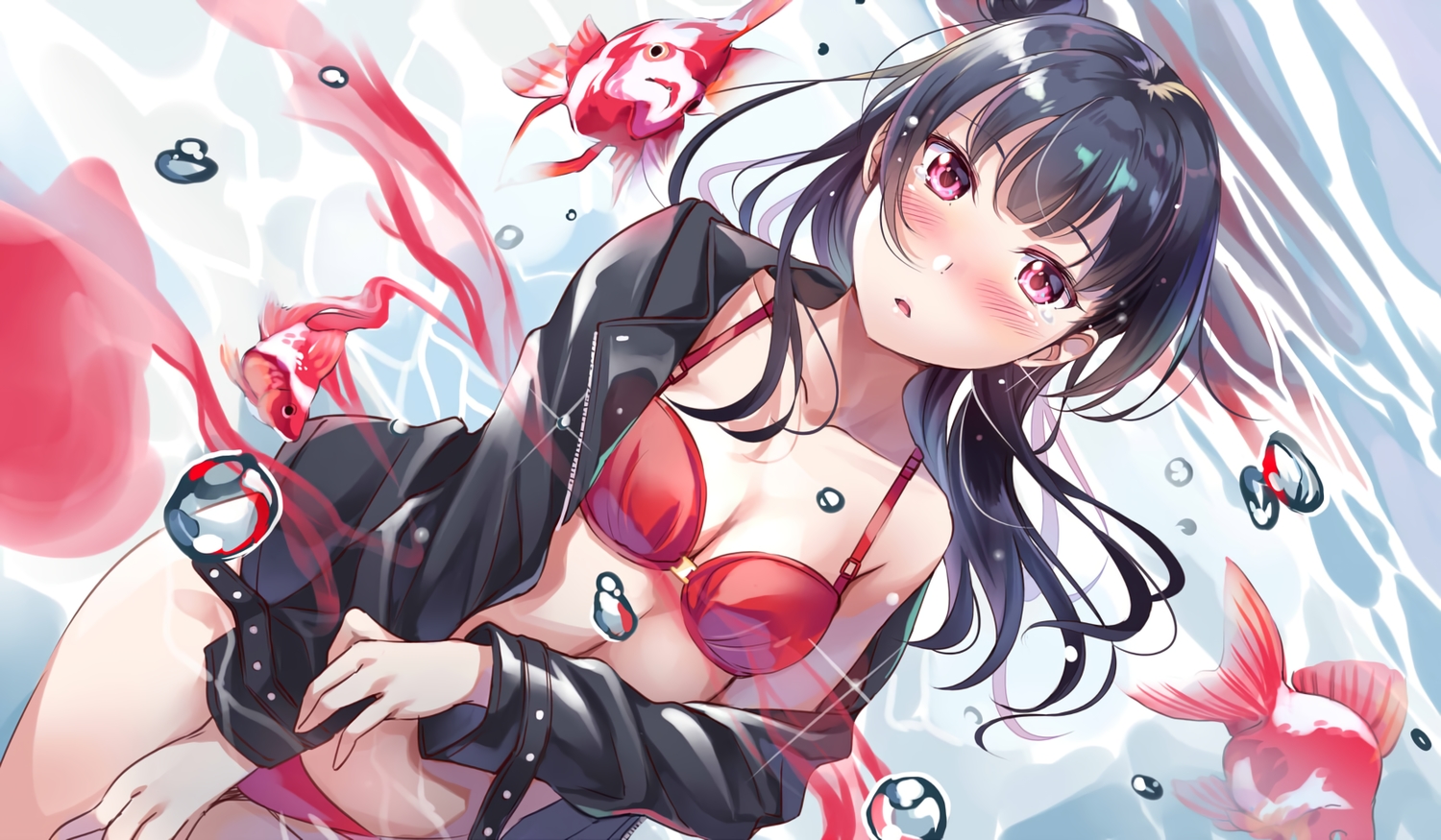 animal, black_hair, blush, bra, bubbles, fish, long_hair, love_live!_school_idol_project