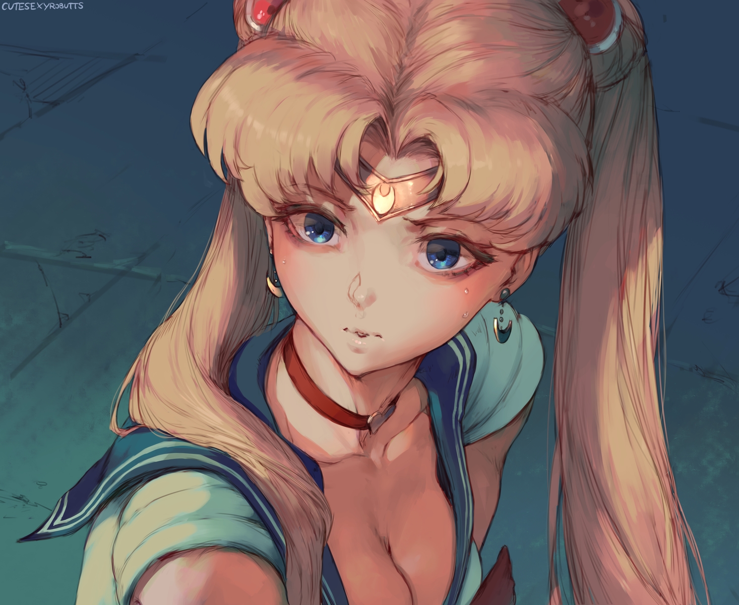 blonde_hair, blue_eyes, breasts, choker, cleavage, close, cutesexyrobutts, headband
