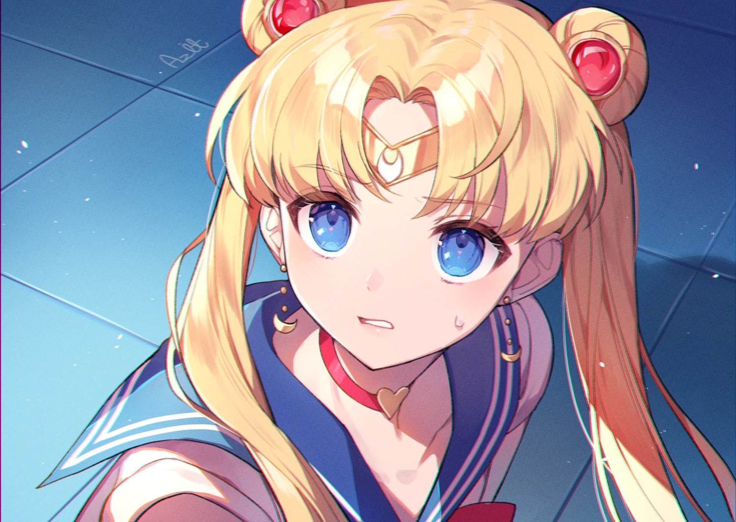aqua_eyes, azit_(down), blonde_hair, choker, close, headband, long_hair, parody