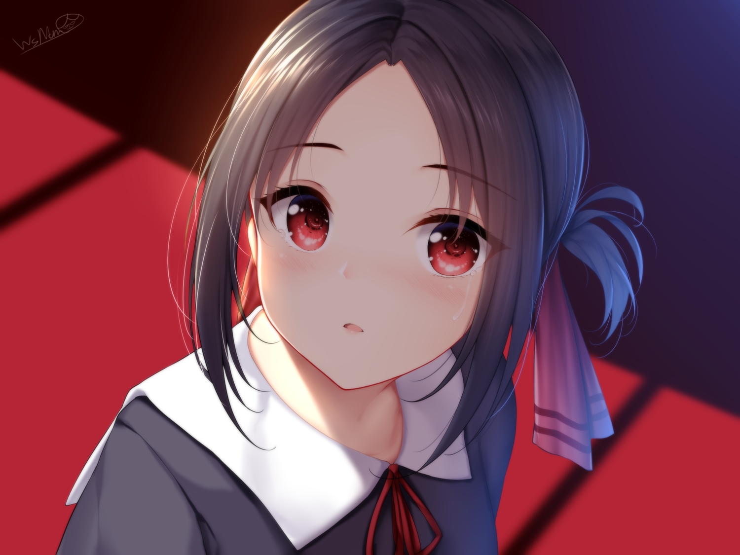 blush, brown_hair, close, kaguya-sama_wa_kokurasetai_~tensai-tachi_no_renai_zunousen~, parody, red_eyes, sailor_moon, shinomiya_kaguya