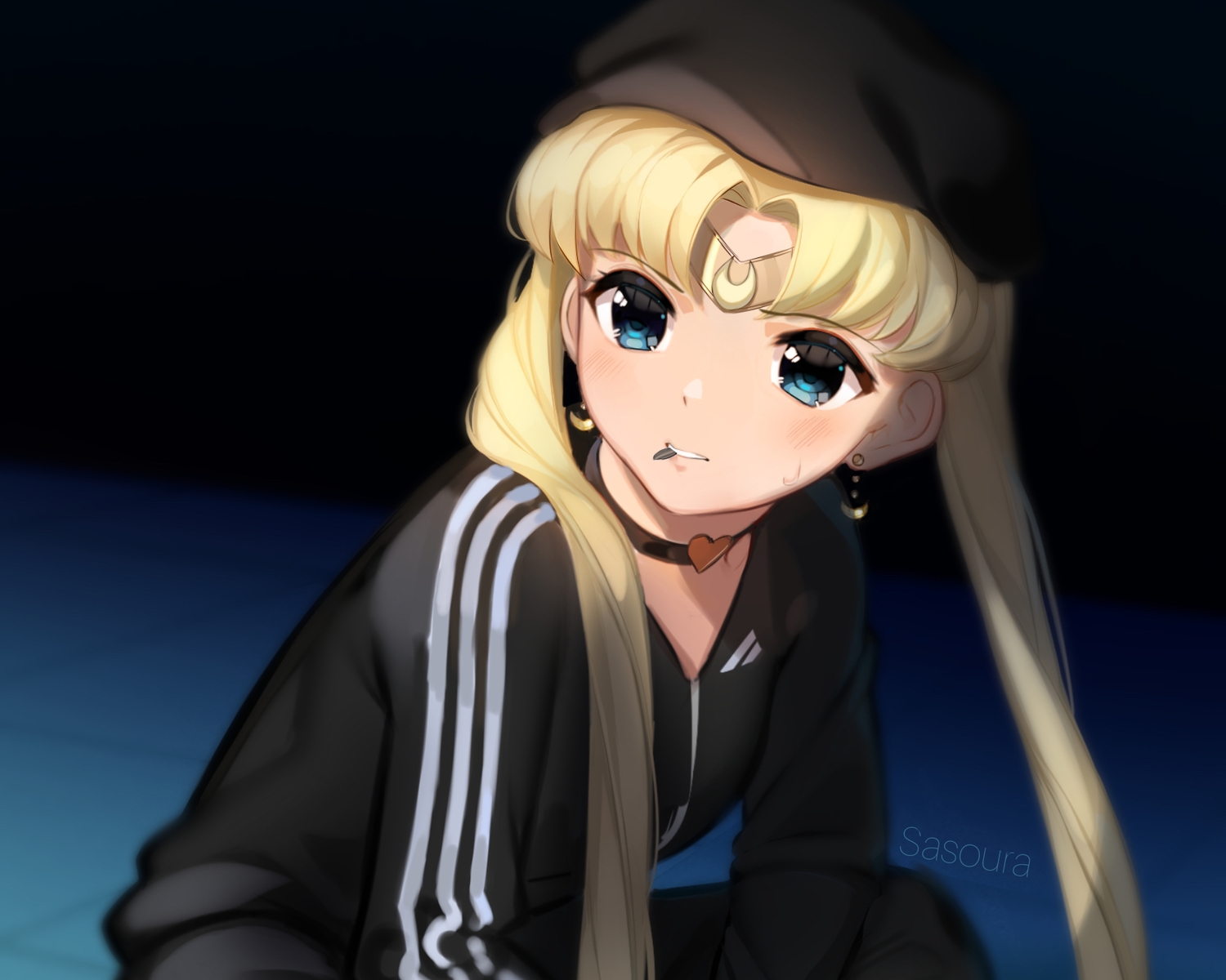 aqua_eyes, blonde_hair, blush, choker, close, cropped, food, hat, long_hair, parody, sailor_moon, sailor_moon_(character), sasoura, tsukino_usagi, twintails, watermark