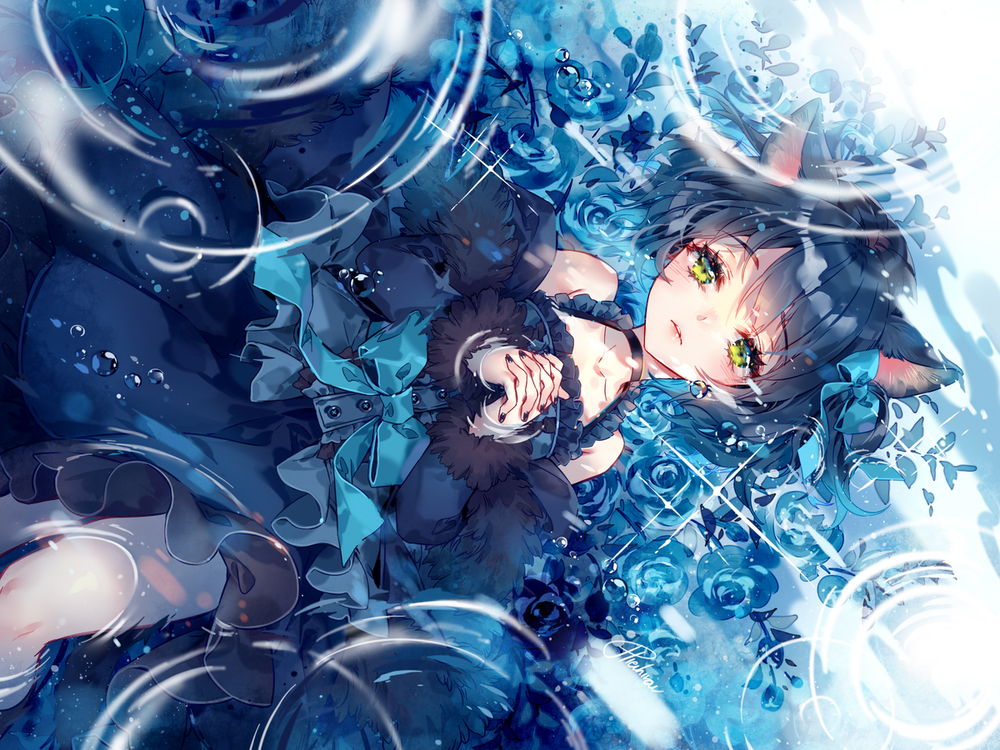 all_male, animal_ears, bow, catboy, dress, flowers, hieihirai, male, otoko_no_ko, rose, ryoune_yami, signed, utau, water