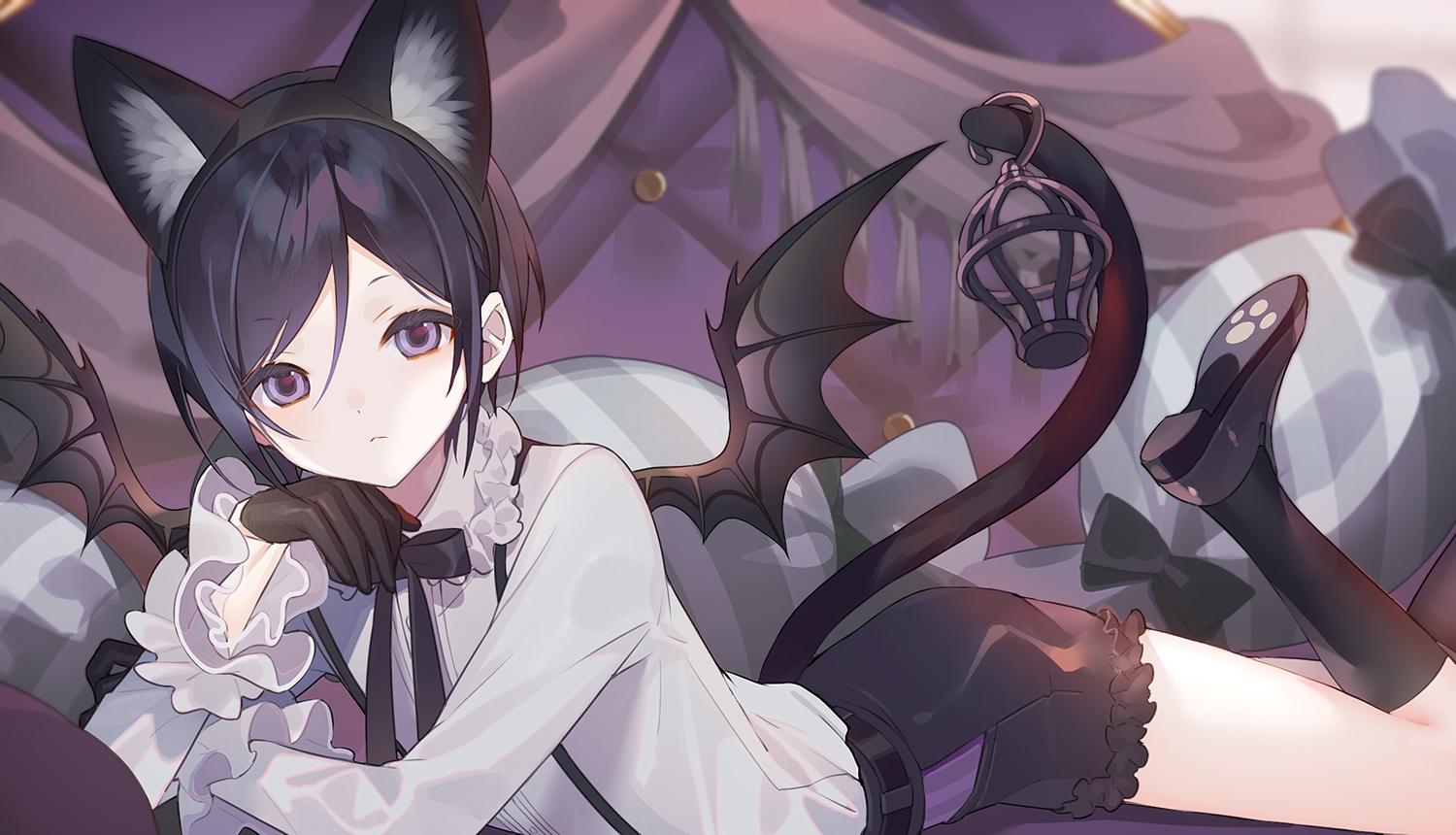 all_male, animal_ears, anthropomorphism, bow, cage, catboy, cosplay, gloves, halloween, headband, kneehighs, male, purple_eyes, purple_hair, ribbons, shirt, short_hair, shorts, tail, touken_ranbu, wings, yagen_toushirou, yamiko