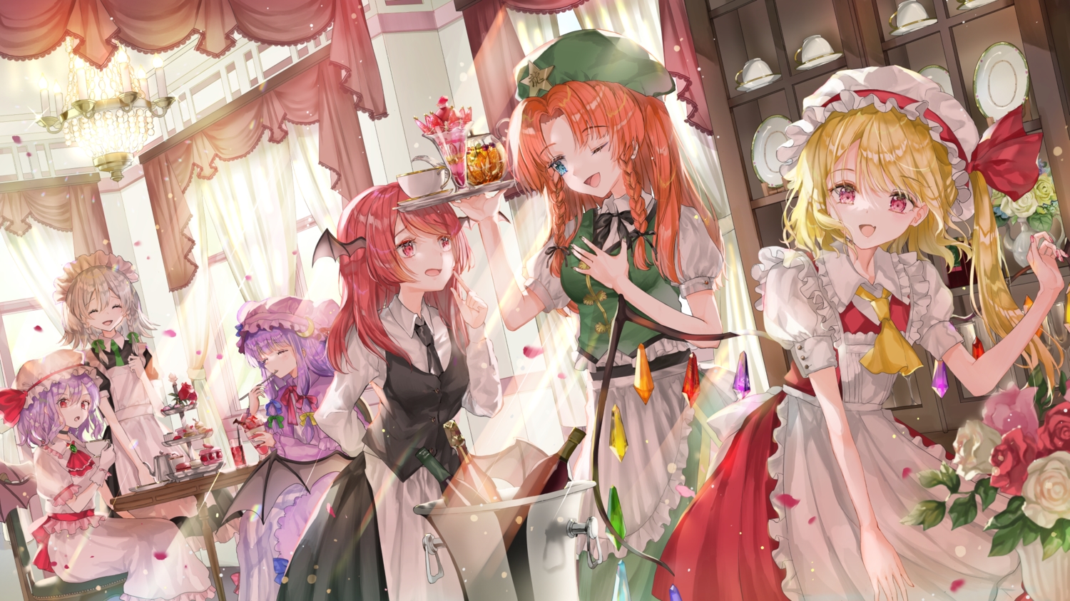 aliasing, apron, blonde_hair, chinese_clothes, demon, drink, flandre_scarlet, flowers