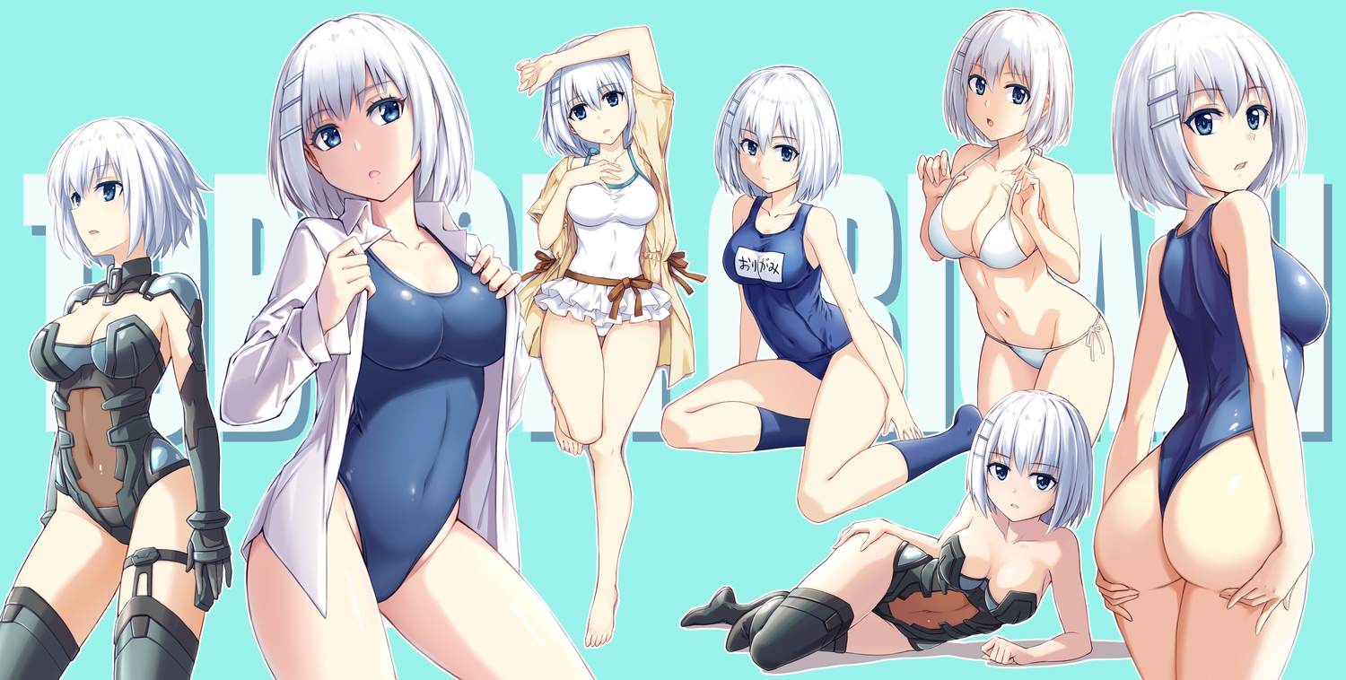 ass, bikini, blue_eyes, bodysuit, breasts, cleavage, date_a_live, fish.boy, kneehighs, navel, school_swimsuit, shirt, short_hair, swimsuit, tobiichi_origami, white_hair