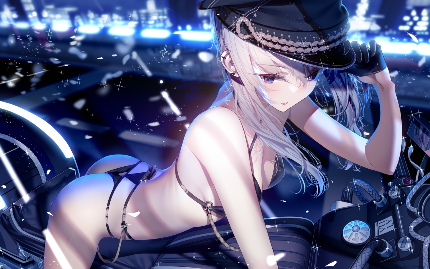 ass, atha, bikini, blush, breasts, cleavage, gloves, gray_hair, hat, long_hair, motorcycle, night, original, purple_eyes, swimsuit