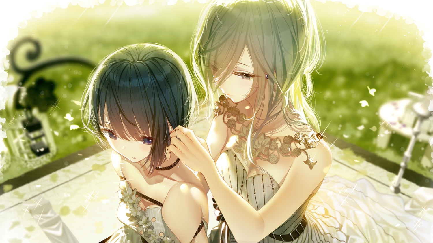 2girls, atha, black_hair, dress, gray_eyes, gray_hair, green, hinomori_shizuku