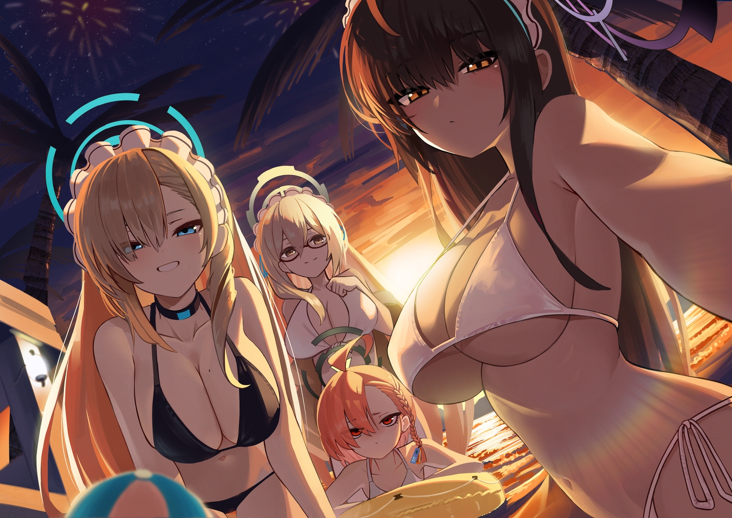 ball, bikini, blue_archive, blue_eyes, braids, brown_eyes, brown_hair, clouds, halo, ichinose_asuna, jsih, kakudate_karin, long_hair, mikamo_neru, murokasa_akane, navel, red_eyes, sky, sunset, swim_ring, swimsuit, water