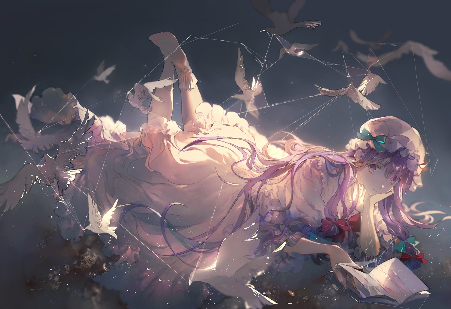 animal, bird, blush, book, bow, dress, hat, long_hair, patchouli_knowledge, purple_eyes, purple_hair, socks, tanzhujiuyue, touhou