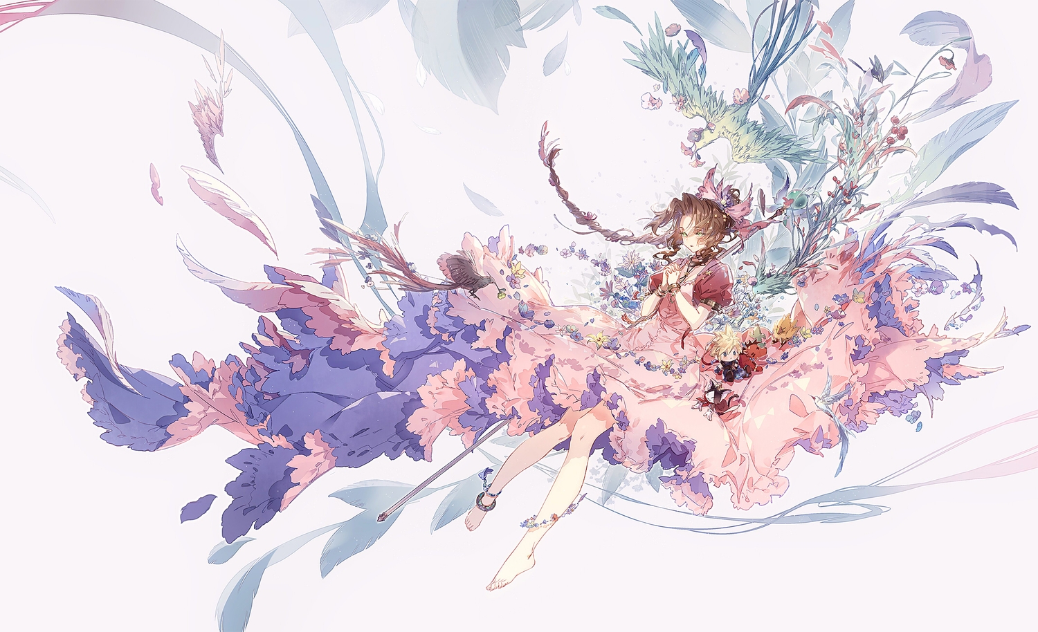 aerith_gainsborough, animal, barefoot, bird, braids, brown_hair, dress, final_fantasy