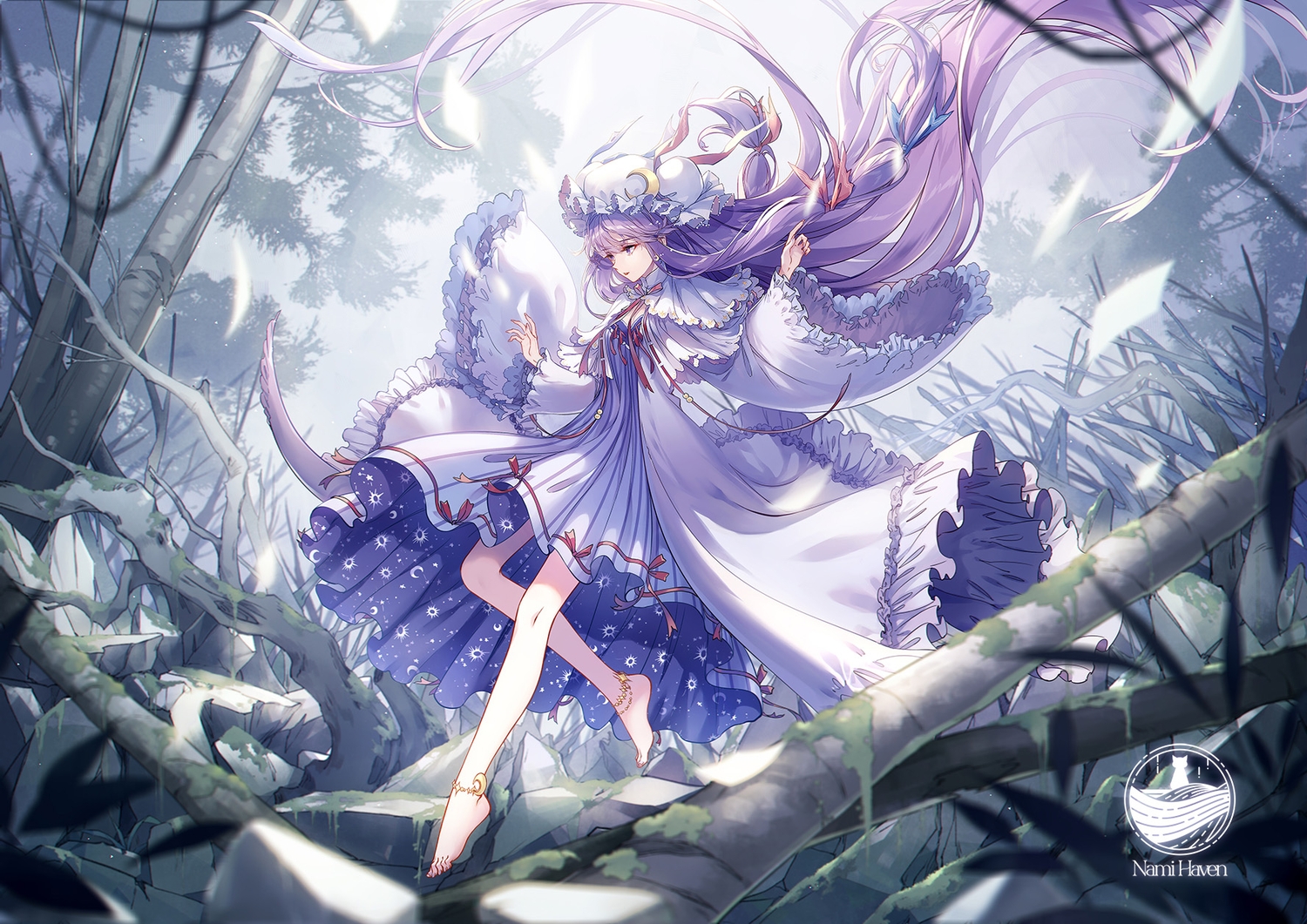 barefoot, dress, kieta, long_hair, patchouli_knowledge, purple_eyes, purple_hair, ribbons