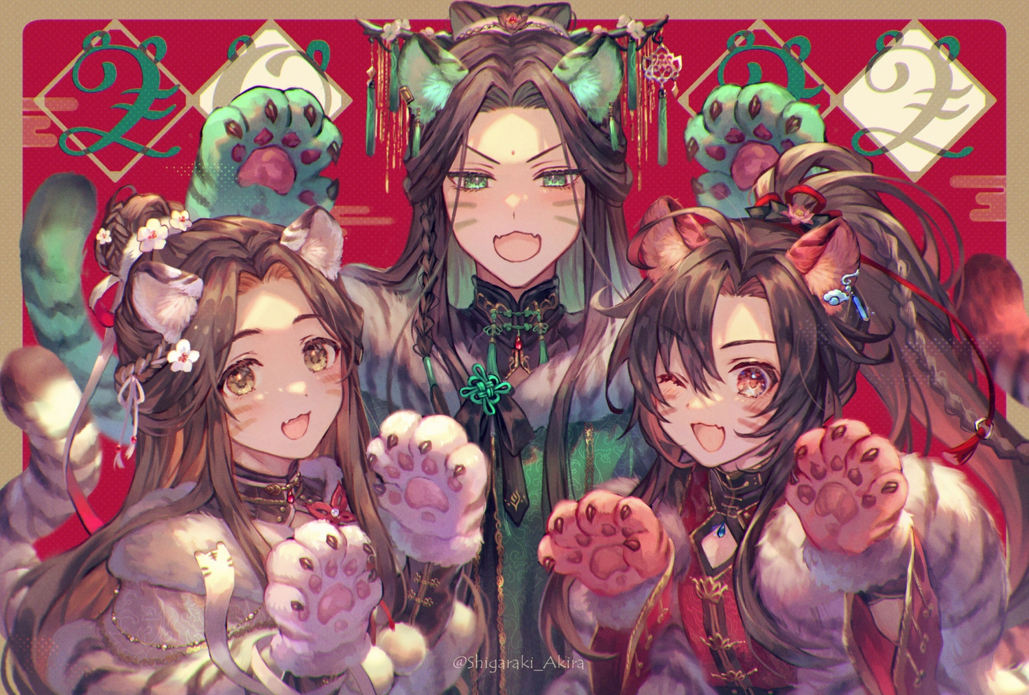 animal_ears, blush, braids, brown_hair, cape, catboy, cat_smile, chinese_clothes