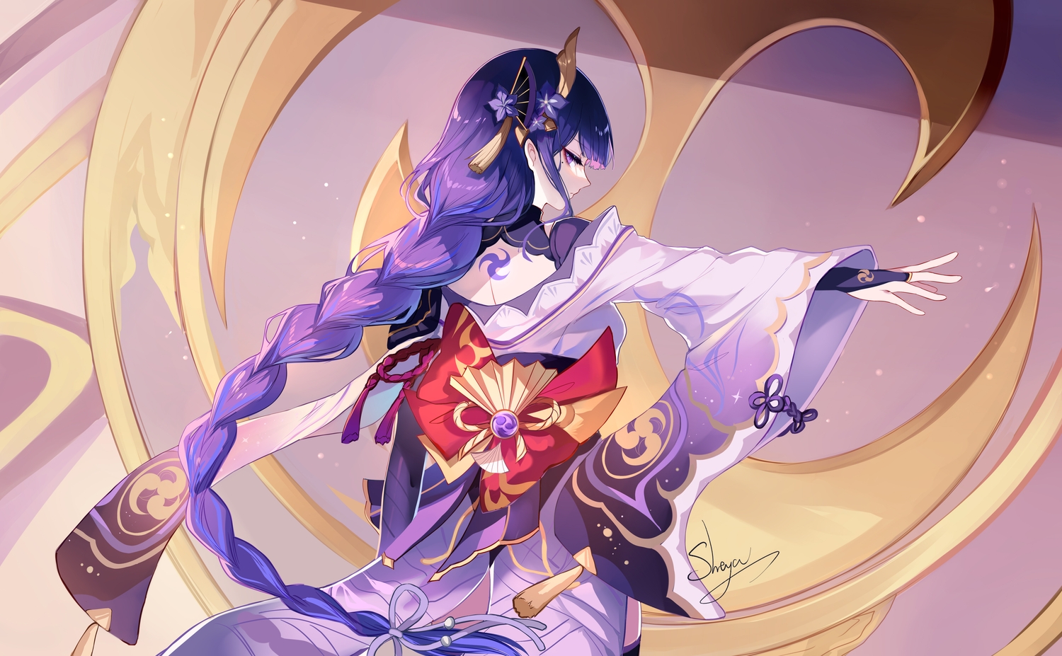 bow, braids, elbow_gloves, genshin_impact, gloves, japanese_clothes, long_hair, ponytail