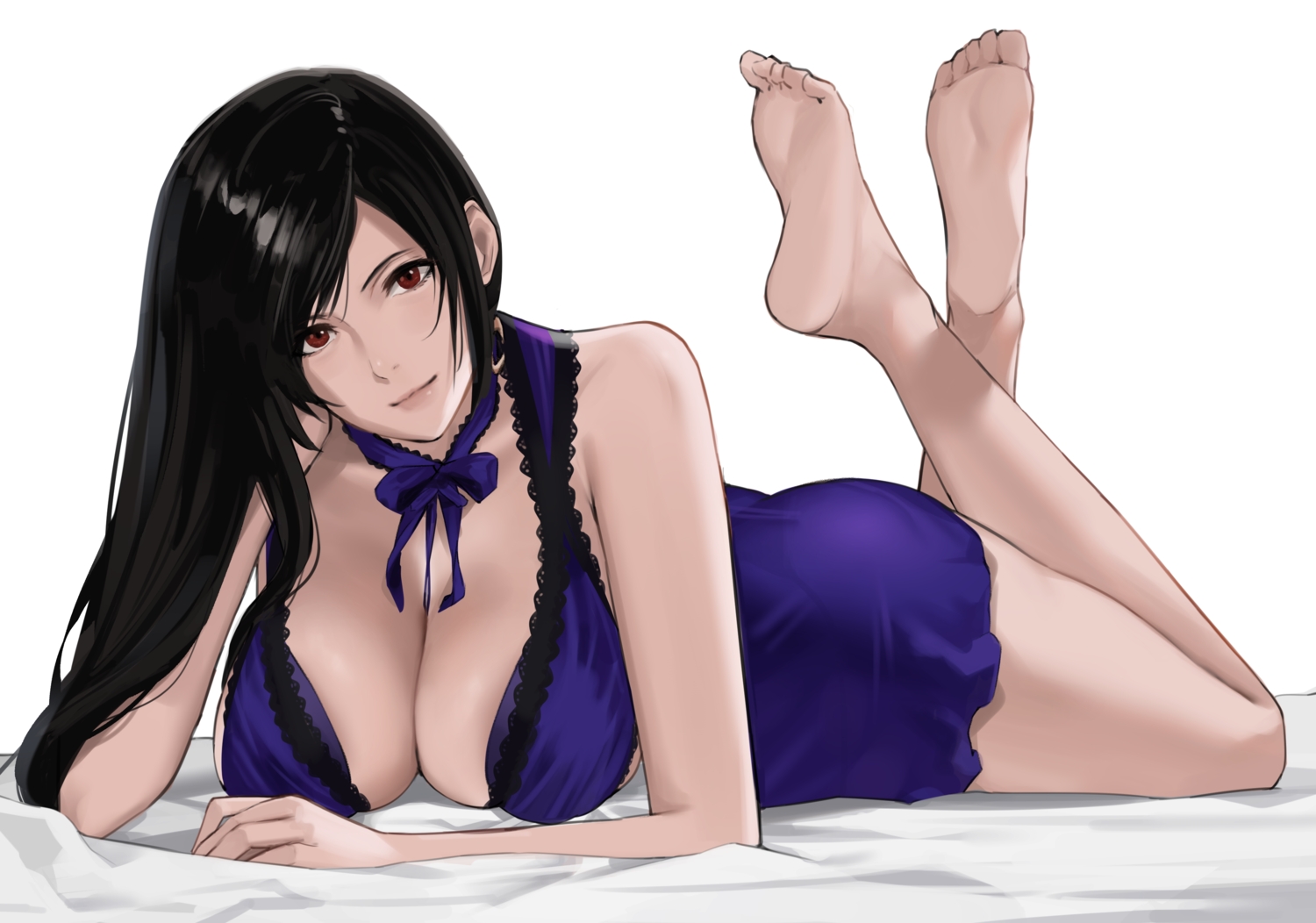 barefoot, black_hair, bow, breasts, cleavage, final_fantasy, final_fantasy_vii, j@ck