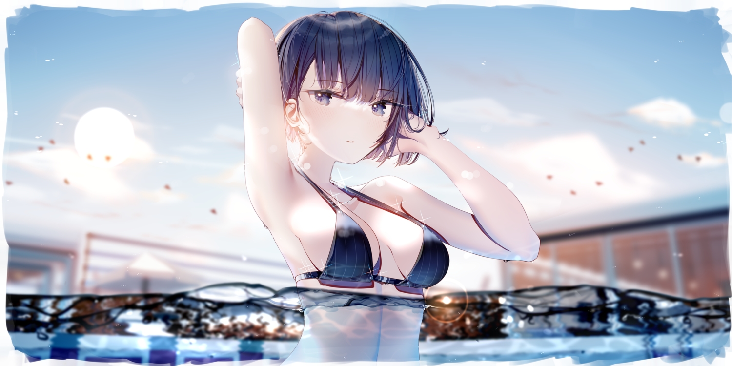 atha, bikini, blush, clouds, kiritani_haruka, pool, project_sekai, purple_eyes