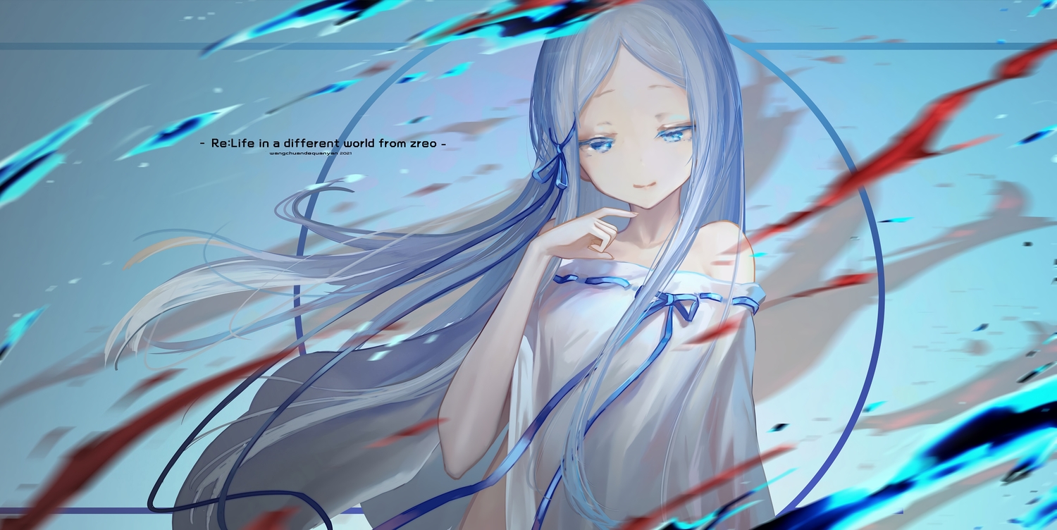 aqua_eyes, blue_hair, long_hair, pandora_(re:zero), re:zero_kara_hajimeru_isekai_seikatsu, ribbons, wangchuan_de_quanyan, watermark