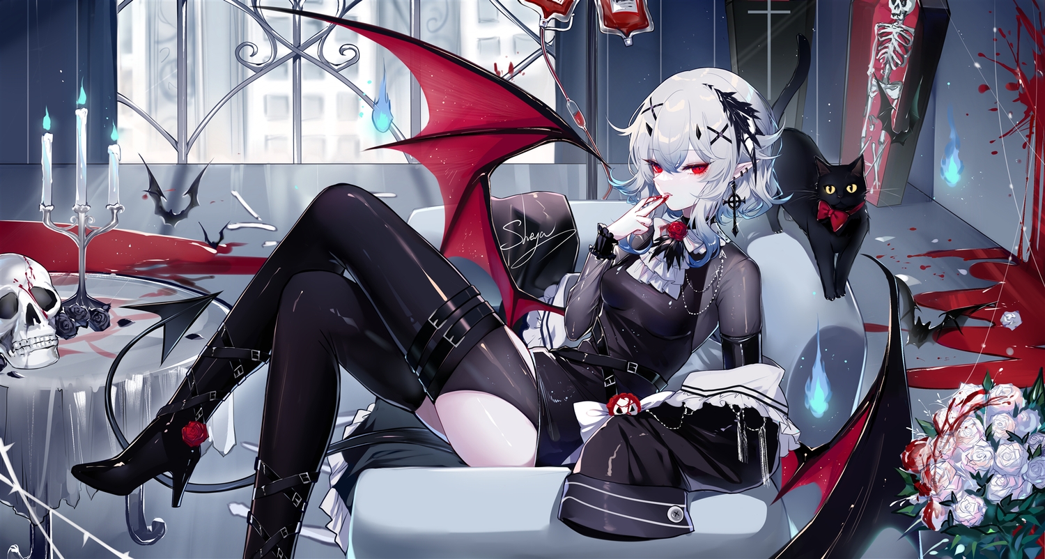 animal, blood, cat, flowers, gray_hair, original, pointed_ears, red_eyes