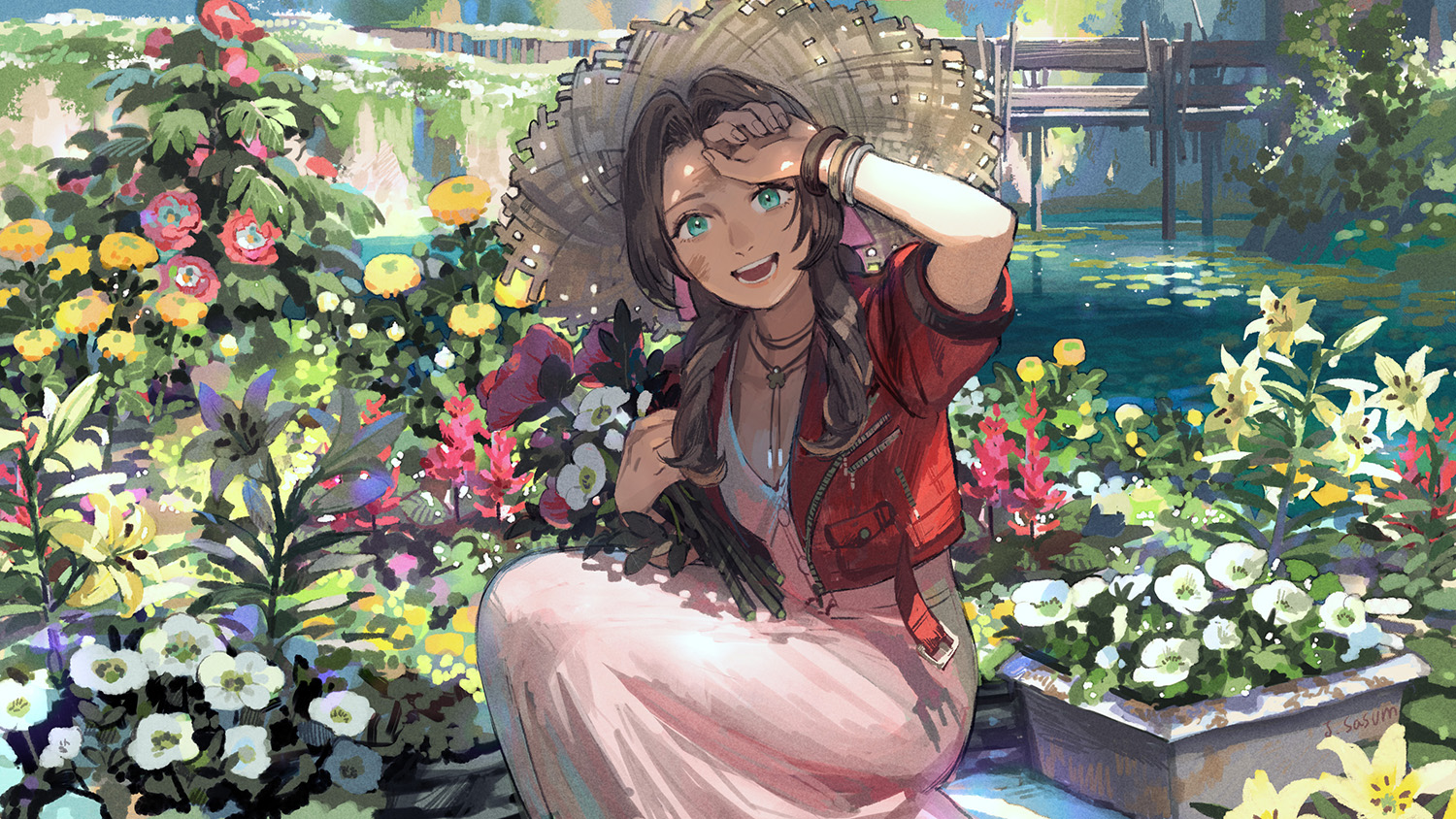 aerith_gainsborough, aqua_eyes, brown_hair, final_fantasy, final_fantasy_vii, flowers, hat, necklace